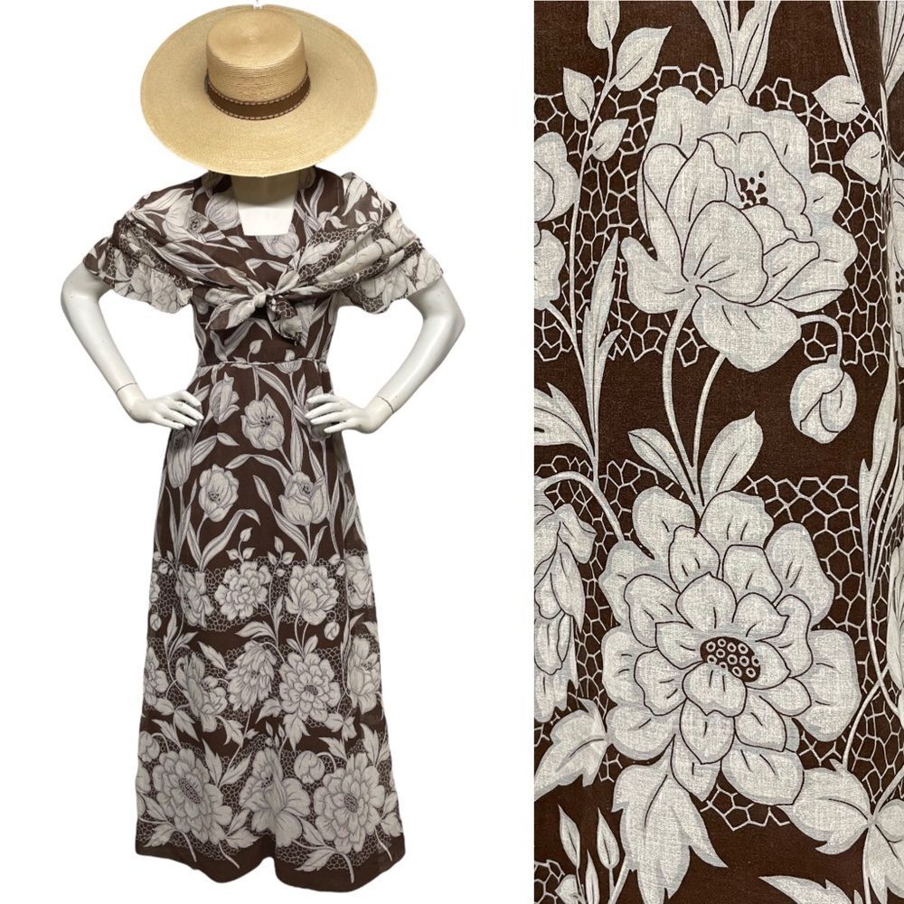 Vintage 1970s Floral Print Brown White Maxi Dress & Matching Shawl Scarf S 4 6